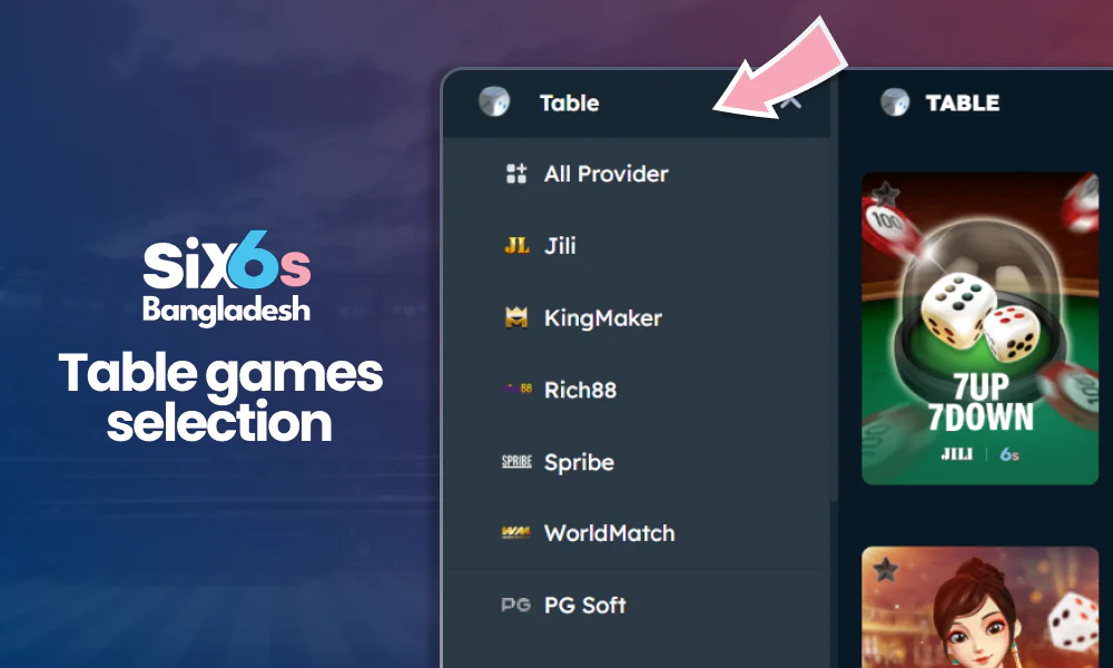 Explore the wide selection of table games hosted on the Six6s platform.